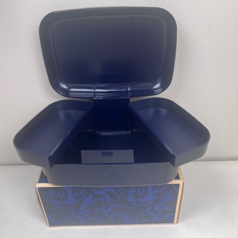 Avon Vintage Navy Blue Makeup Train Case Cantilever Trays Storage Organization